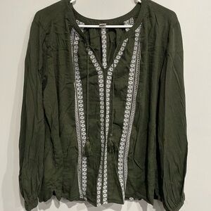 Old Navy three-quarter length sleeve blouse, olive green with crochet detail